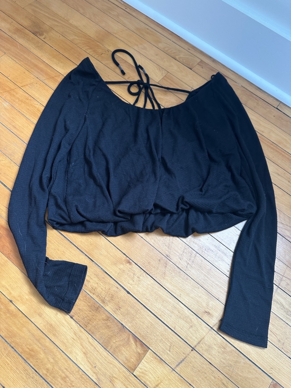 We The Free Black Long-Sleeve Cropped Tie-Back Top